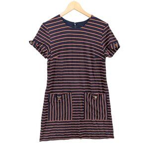 Hutch Anthropologie Mini Shirt Dress Navy Orange Stripe Front Pocket Lined Sz S